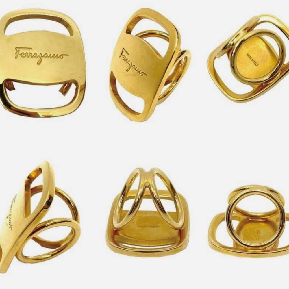 Pre-loved Salvatore Ferragamo Vara Gold Tone Scarf Ring-Medium Sz